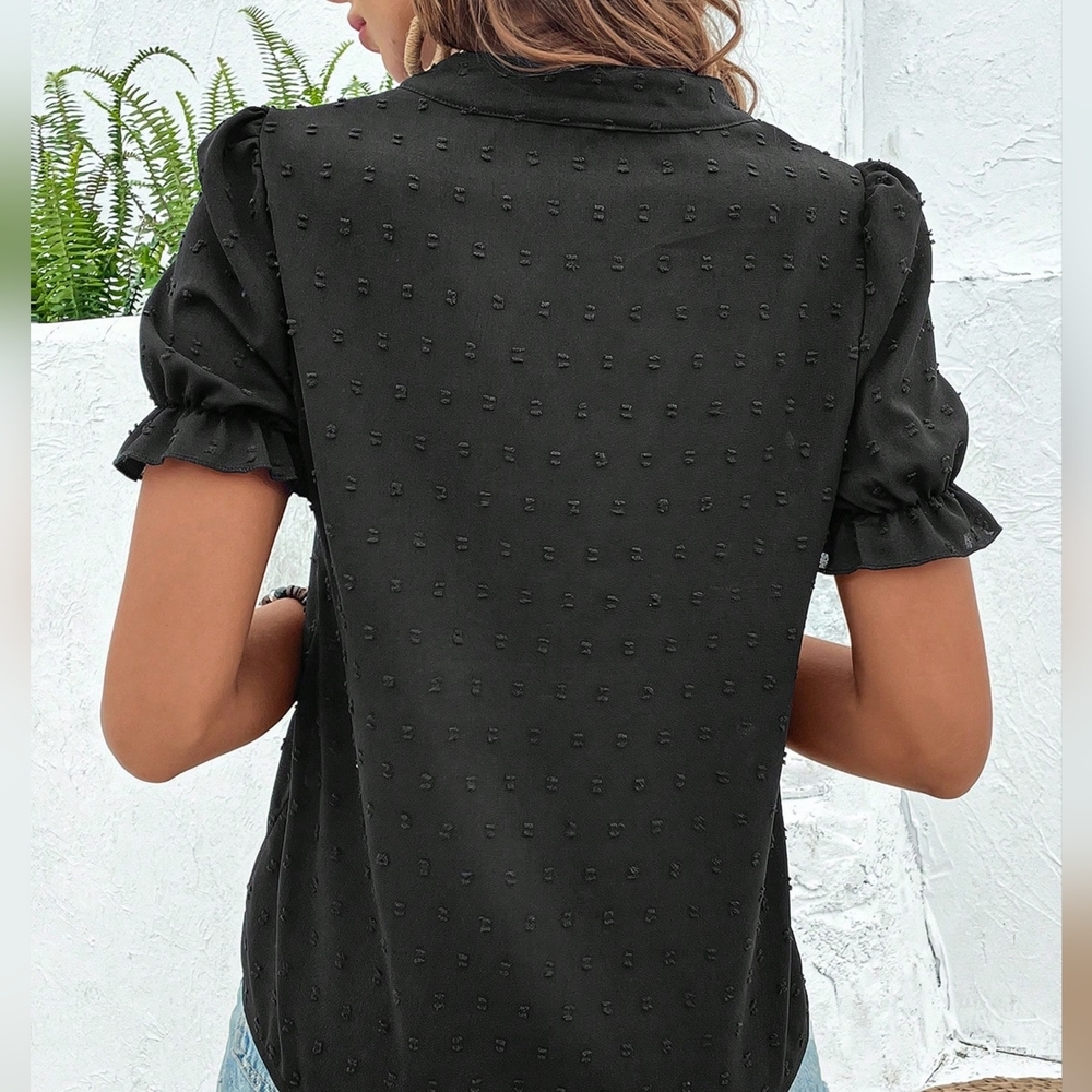 Floral Embroidery Notched Neckline Puff Sleeve Blouse - Picture 5 of 5